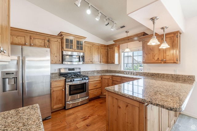 1055 E 900 S Unit 61, St George, UT 84790 - kitchen with appliances with stainless steel finishes, a sink, rail lighting, lofted ceiling, and a peninsula
