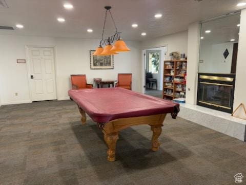 1055 E 900 S Unit 61, St George, UT 84790 - rec room featuring recessed lighting, carpet floors, a glass covered fireplace, billiards, and baseboards