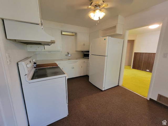 494 W 400 S, Cedar City, UT 84720 - kitchen with white appliances, exhaust hood, ceiling fan, dark carpet, and white cabinets