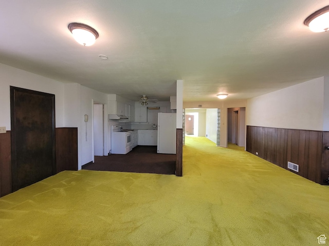 494 W 400 S, Cedar City, UT 84720 - unfurnished living room with carpet flooring, wainscoting, a ceiling fan, and wooden walls