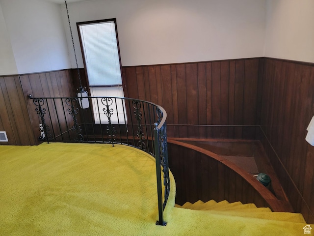 494 W 400 S, Cedar City, UT 84720 - stairway featuring wainscoting, carpet flooring, and wood walls