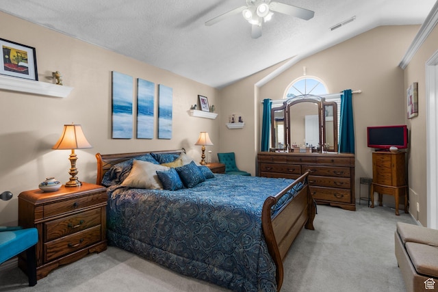 2239 E 3225 N, Layton, UT 84040 - bedroom featuring vaulted ceiling, light carpet, ceiling fan, and a textured ceiling