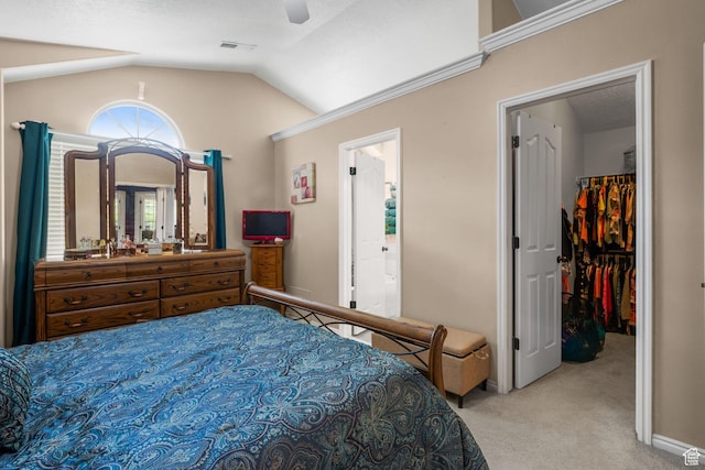 2239 E 3225 N, Layton, UT 84040 - bedroom featuring carpet flooring, a walk in closet, vaulted ceiling, ceiling fan, and connected bathroom