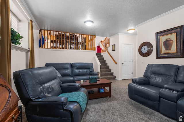 2239 E 3225 N, Layton, UT 84040 - carpeted living area featuring stairway, ornamental molding, a textured ceiling, and baseboards