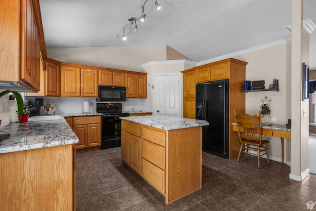 2239 E 3225 N, Layton, UT 84040 - kitchen with black appliances, lofted ceiling, a center island, a sink, and dark tile patterned flooring