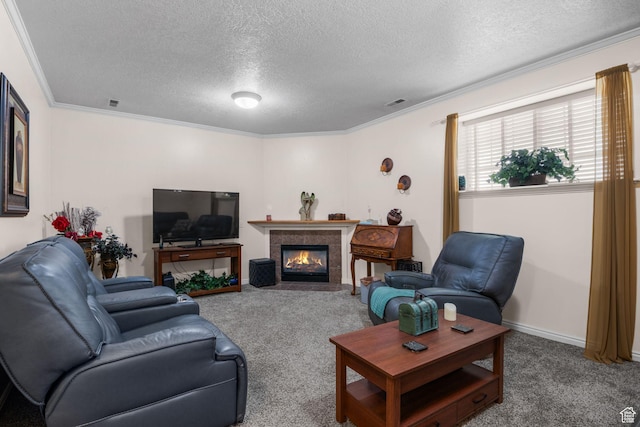 2239 E 3225 N, Layton, UT 84040 - carpeted living area featuring a textured ceiling, crown molding, and a fireplace with flush hearth