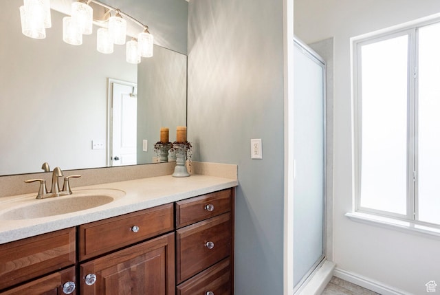 2271 W New Harvest Ln, Lehi, UT 84043 - full bathroom with vanity, a stall shower, and baseboards