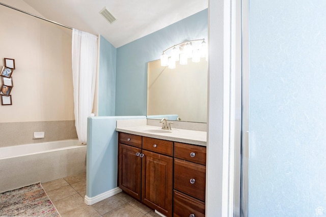 2271 W New Harvest Ln, Lehi, UT 84043 - bathroom with tile patterned flooring, vanity, and shower / bath combo with shower curtain