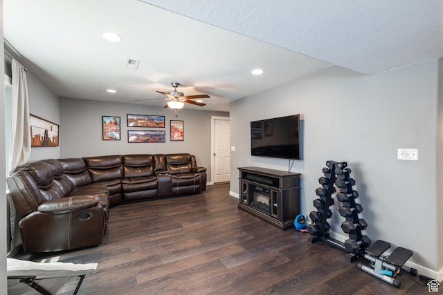 15187 S Sabre Pl, Bluffdale, UT 84065 - living area with wood finished floors, recessed lighting, baseboards, and a ceiling fan