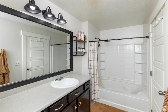 15187 S Sabre Pl, Bluffdale, UT 84065 - bathroom with vanity, a textured ceiling, and shower / bath combination with curtain