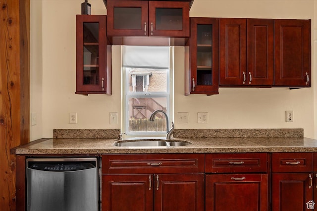 625 S 400 E, Salt Lake City, UT 84111 - kitchen featuring stainless steel dishwasher, a sink, dark brown cabinets, and glass insert cabinets