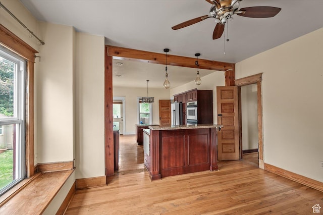 625 S 400 E, Salt Lake City, UT 84111 - kitchen featuring appliances with stainless steel finishes, light wood-style flooring, baseboards, and ceiling fan