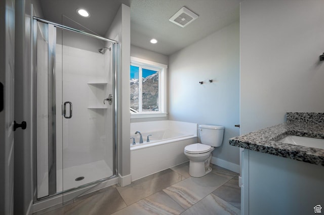 1244 N 350 W Unit 35, Brigham City, UT 84302 - bathroom with vanity, a bath, a stall shower, recessed lighting, and marble finish flooring