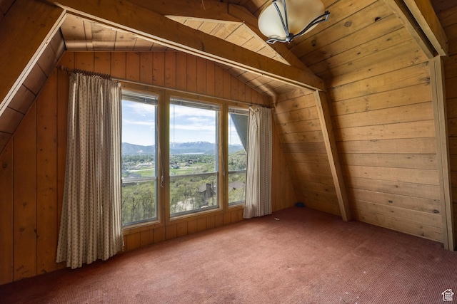 350 Luzern Rd E, Midway, UT 84049 - bonus room with lofted ceiling, a mountain view, carpet floors, and wood walls