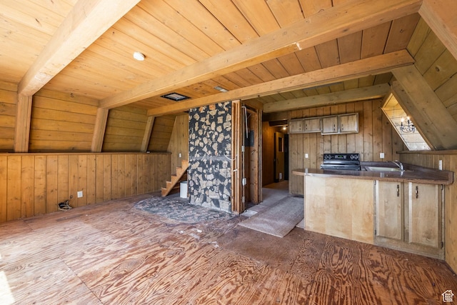 350 Luzern Rd E, Midway, UT 84049 - kitchen featuring electric range, open floor plan, wooden ceiling with exposed beams, a sink, and wooden walls