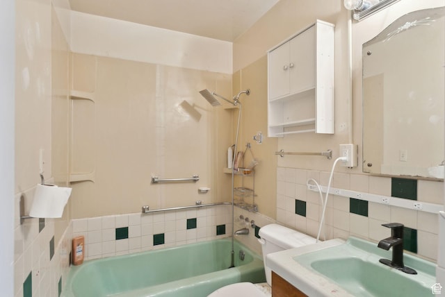 142 N Pinehurst Ave, Tooele, UT 84074 - bathroom featuring toilet, tile walls, backsplash, vanity, and  shower combination