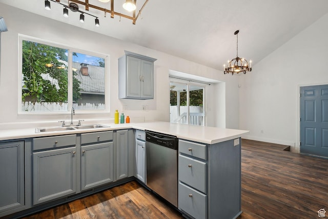3018 S Leland Cv, South Salt Lake, UT 84106 - kitchen with gray cabinets, dishwasher, a sink, a chandelier, and a peninsula