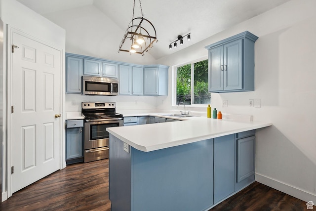 3018 S Leland Cv, South Salt Lake, UT 84106 - kitchen with stainless steel appliances, a sink, a peninsula, blue cabinetry, and dark wood-type flooring