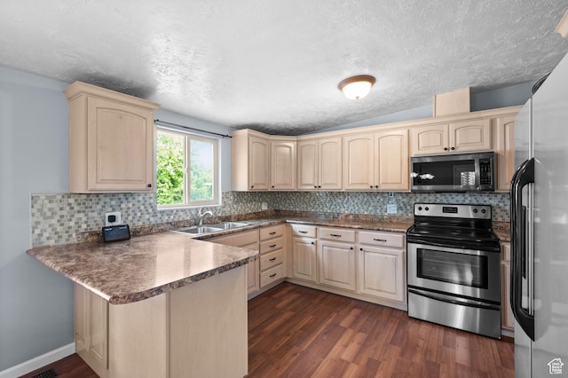 4314 S 615 E, Millcreek, UT 84107 - kitchen with appliances with stainless steel finishes, a peninsula, dark wood-style floors, a sink, and decorative backsplash
