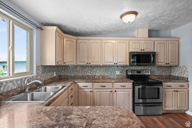 4314 S 615 E, Millcreek, UT 84107 - kitchen with stainless steel electric range oven, a sink, a textured ceiling, dark wood-style floors, and tasteful backsplash