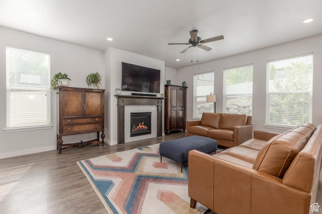242 E Ridgeline Way N, Salt Lake, UT 84054 - living area with ceiling fan, wood finished floors, a glass covered fireplace, baseboards, and recessed lighting