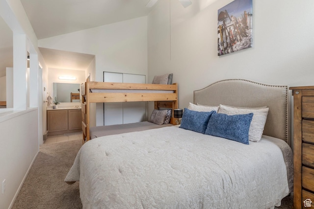 2025 S Canyon Resort Dr Unit F-8, Park City, UT 84098 - bedroom with lofted ceiling, carpet flooring, ensuite bathroom, and baseboards