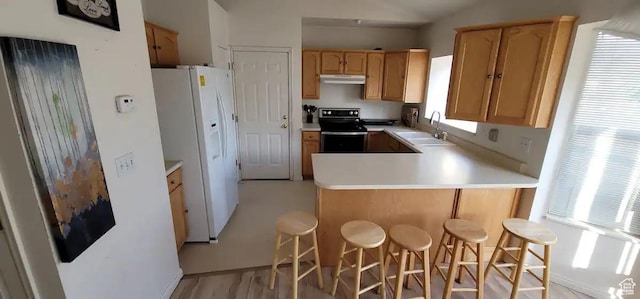 1004 N Sir Michael Dr, Salt Lake City, UT 84116 - kitchen featuring electric range oven, white fridge with ice dispenser, a peninsula, a sink, and light countertops
