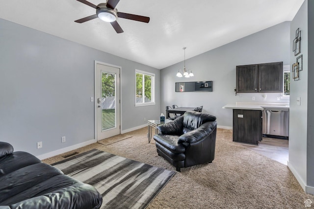 11844 S Logans Run Cv, Herriman, UT 84096 - living room with light colored carpet, vaulted ceiling, a chandelier, a ceiling fan, and baseboards