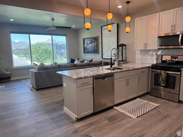 15456 S Navy Trails Ln W, Bluffdale, UT 84065 - kitchen featuring stainless steel appliances, a sink, a peninsula, light wood-style floors, and recessed lighting