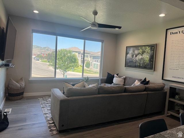 15456 S Navy Trails Ln W, Bluffdale, UT 84065 - living area featuring baseboards, ceiling fan, a textured ceiling, wood finished floors, and recessed lighting