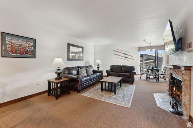 1485 Empire Ave Unit 201, Park City, UT 84060 - carpeted living room featuring a fireplace, baseboards, and a chandelier