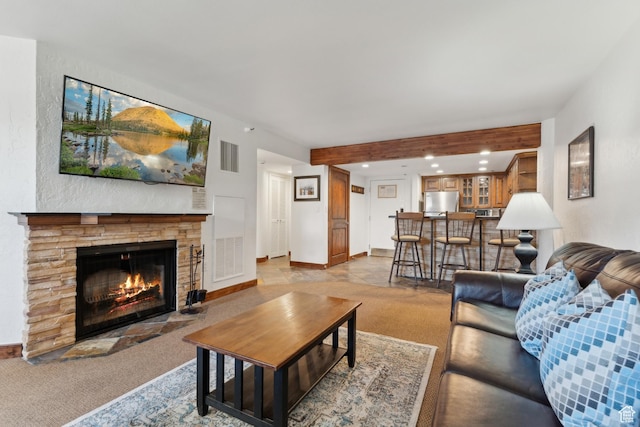 1485 Empire Ave Unit 201, Park City, UT 84060 - carpeted living area featuring recessed lighting, a fireplace, and beamed ceiling