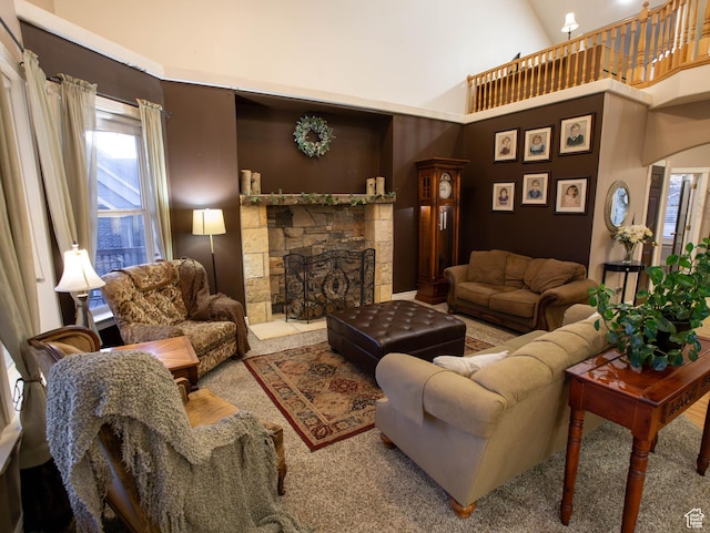954 E 960 S, Ephraim, UT 84627 - living area featuring a stone fireplace and a high ceiling
