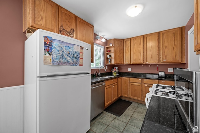 475 E 6815 S, Midvale, UT 84047 - kitchen featuring freestanding refrigerator, dishwasher, a sink, light tile patterned flooring, and open shelves