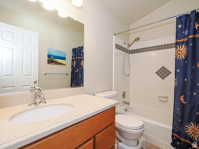 1090 E 2125 N, Layton, UT 84041 - full bathroom featuring shower / tub combo with curtain, toilet, vaulted ceiling, and vanity