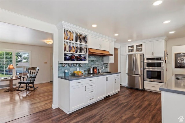 2377 S 150 E, Bountiful, UT 84010 - kitchen featuring appliances with stainless steel finishes, white cabinets, tasteful backsplash, under cabinet range hood, and dark wood finished floors