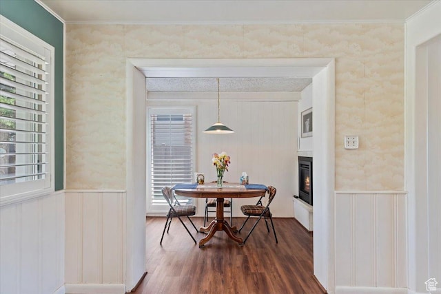 2377 S 150 E, Bountiful, UT 84010 - dining room featuring dark wood-type flooring, healthy amount of natural light, a glass covered fireplace, crown molding, and wainscoting