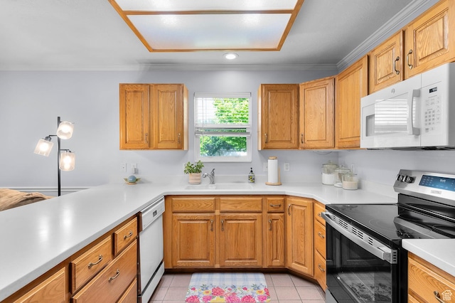 429 W 90 N, American Fork, UT 84003 - kitchen featuring white appliances, a sink, light countertops, light tile patterned floors, and ornamental molding
