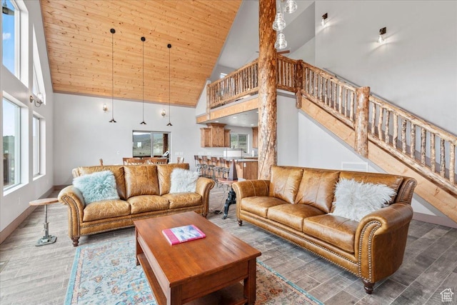 46982 W Thunder Ridge Rd, Fruitland, UT 84027 - living area with high vaulted ceiling, stairs, wood ceiling, baseboards, and wood finished floors