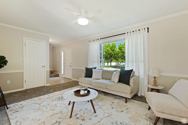1064 E 200 N, Orem, UT 84097 - carpeted living area featuring crown molding, stairs, baseboards, and ceiling fan