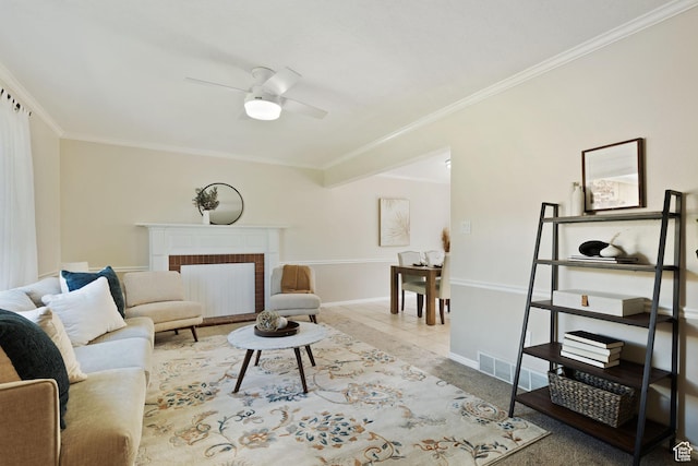 1064 E 200 N, Orem, UT 84097 - living room with ornamental molding, a ceiling fan, a fireplace, and baseboards