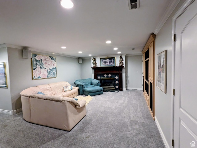 6331 S Shenandoah Ave, Salt Lake City, UT 84121 - carpeted living area featuring ornamental molding, a glass covered fireplace, recessed lighting, and baseboards