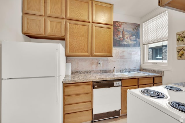 29 S State St Unit 810, Salt Lake City, UT 84111 - kitchen with white appliances, a sink, tasteful backsplash, and light brown cabinets