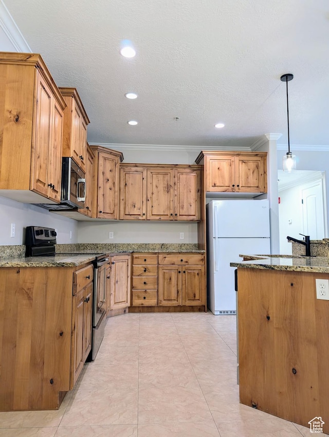 1030 N 995 W Unit 907, Orem, UT 84057 - kitchen with appliances with stainless steel finishes, ornamental molding, stone countertops, hanging light fixtures, and recessed lighting