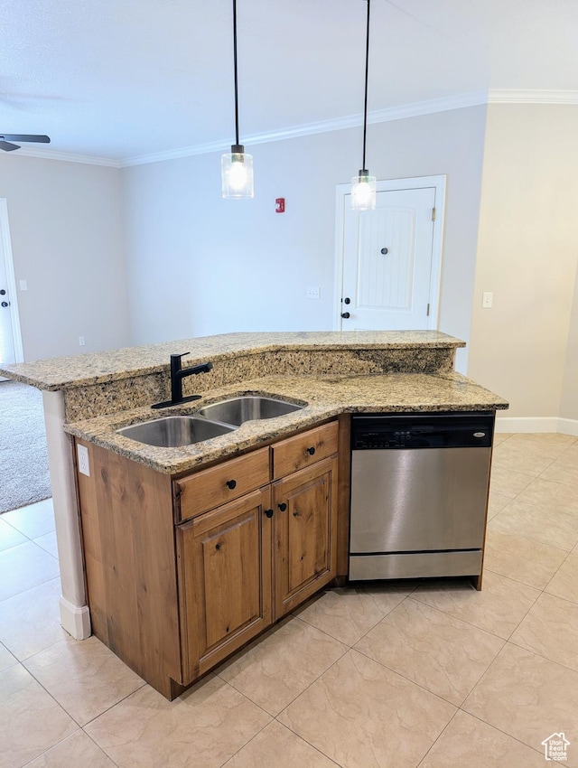 1030 N 995 W Unit 907, Orem, UT 84057 - kitchen with dishwasher, a sink, ornamental molding, brown cabinetry, and light tile patterned floors