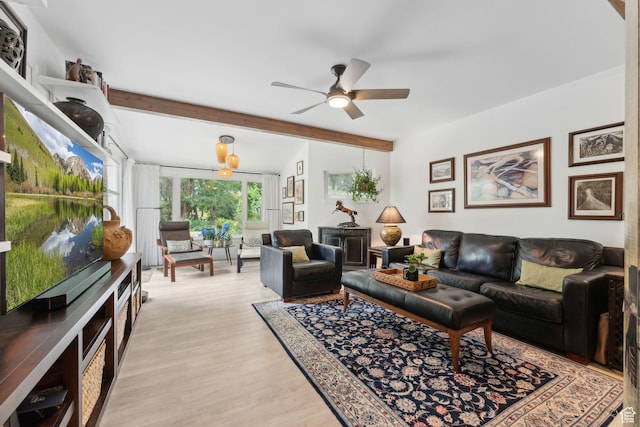 1411 S Utah St Unit 7, Salt Lake City, UT 84104 - living room featuring ceiling fan, beam ceiling, and light wood-type flooring