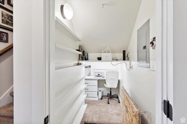 255 W 2700 N Unit 31, Pleasant View, UT 84414 - office area featuring electric panel, carpet floors, lofted ceiling, and built in study area