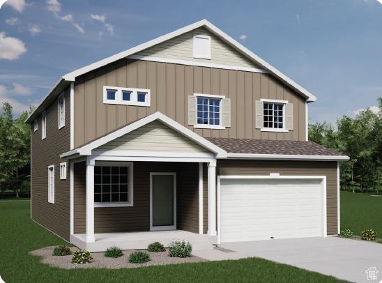 119 E Arcade Dr Unit 952, Saratoga Springs, UT 84045 - view of front of home featuring an attached garage, board and batten siding, concrete driveway, and a front lawn