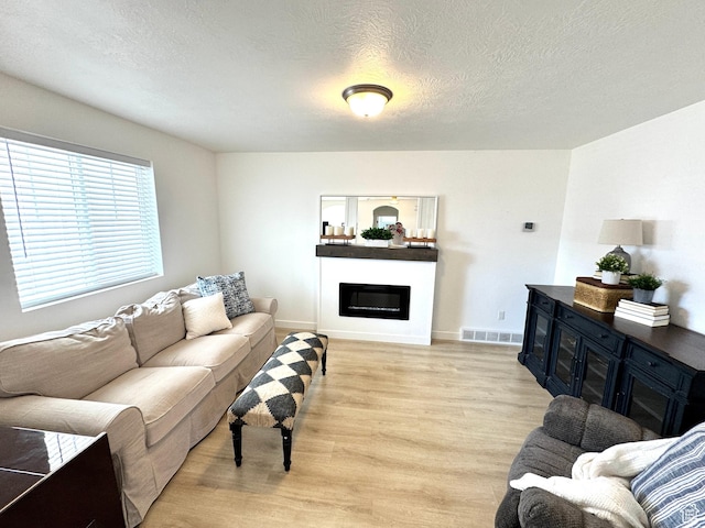 144 E Shorewood Dr S, Saratoga Springs, UT 84045 - living area featuring light wood-style flooring, a glass covered fireplace, a textured ceiling, and baseboards