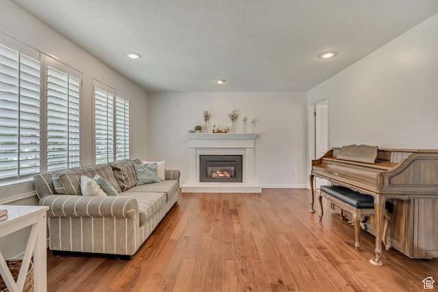 8328 S Grambling Way, Sandy, UT 84094 - living room featuring hardwood / wood-style floors, a glass covered fireplace, and recessed lighting